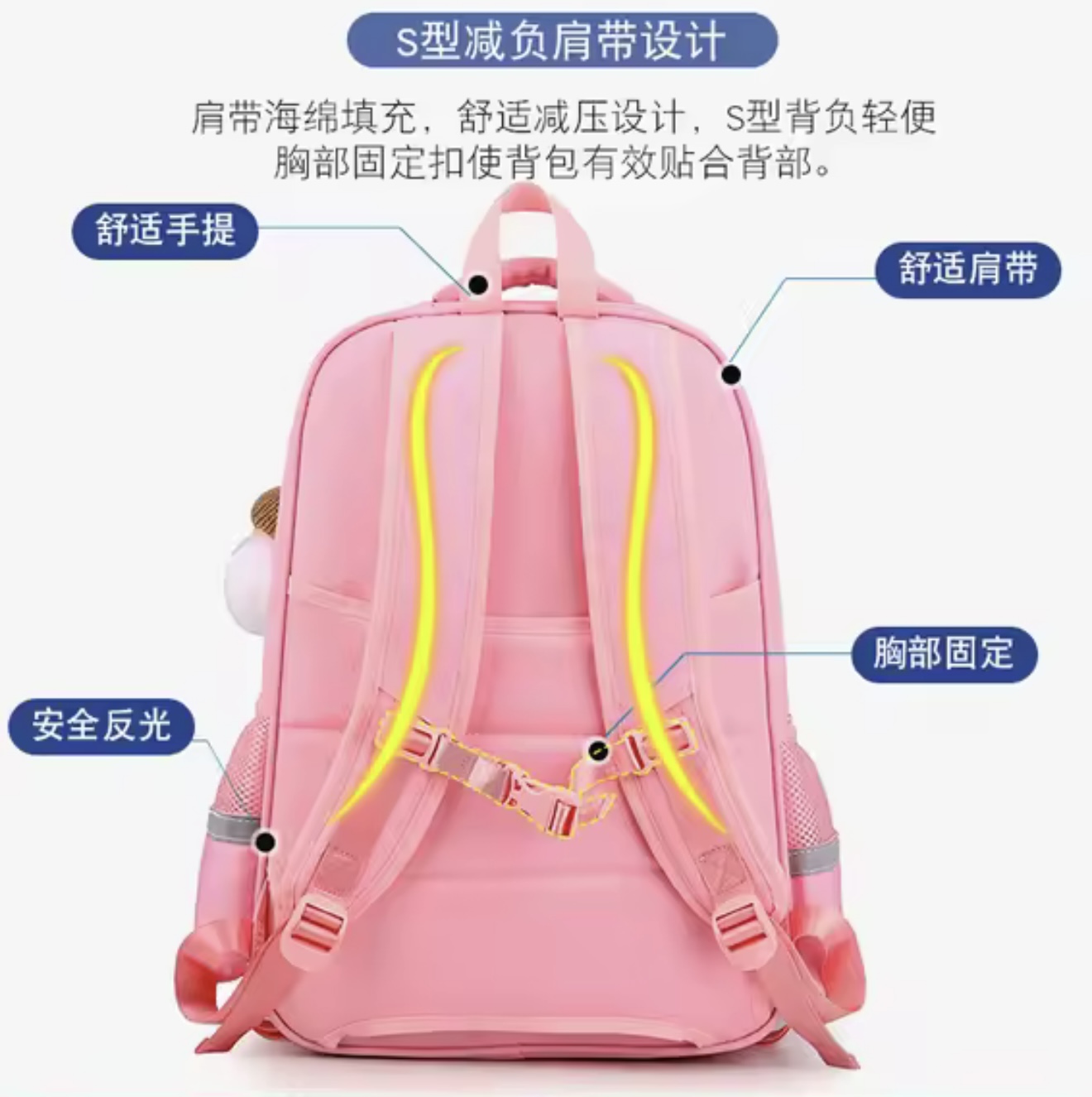 Cute Pink & Blue Gradient Girls' School Backpack with Orthopedic Support and Reflective Details - Image 5