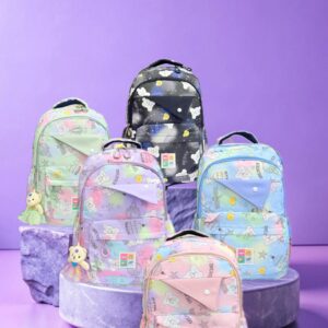 Charming Pastel Printed Backpacks for Girls with Adorable Teddy Bear Charms