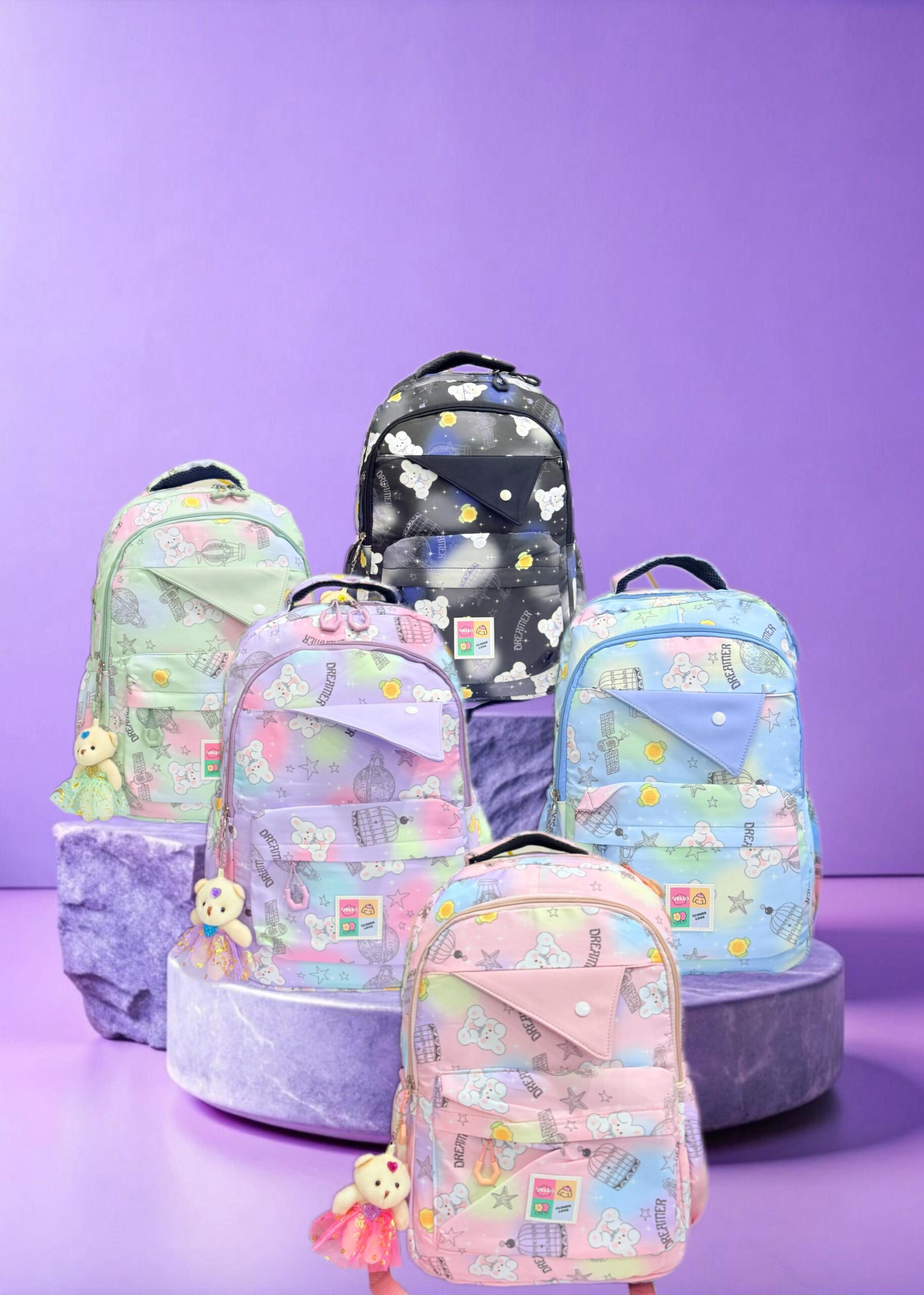 Charming Pastel Printed Backpacks for Girls with Adorable Teddy Bear Charms