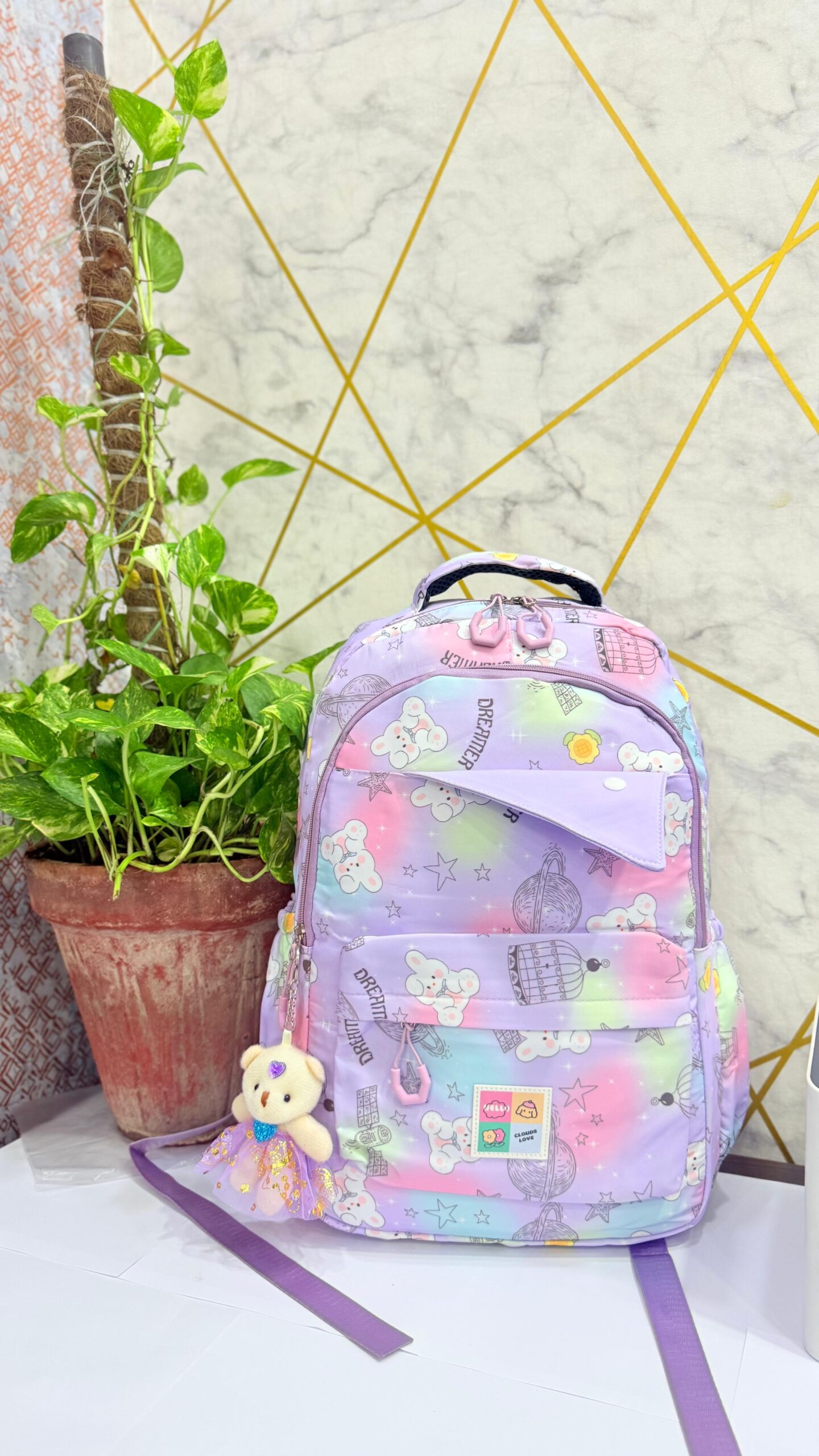 Charming Pastel Printed Backpacks for Girls with Adorable Teddy Bear Charms - Image 7