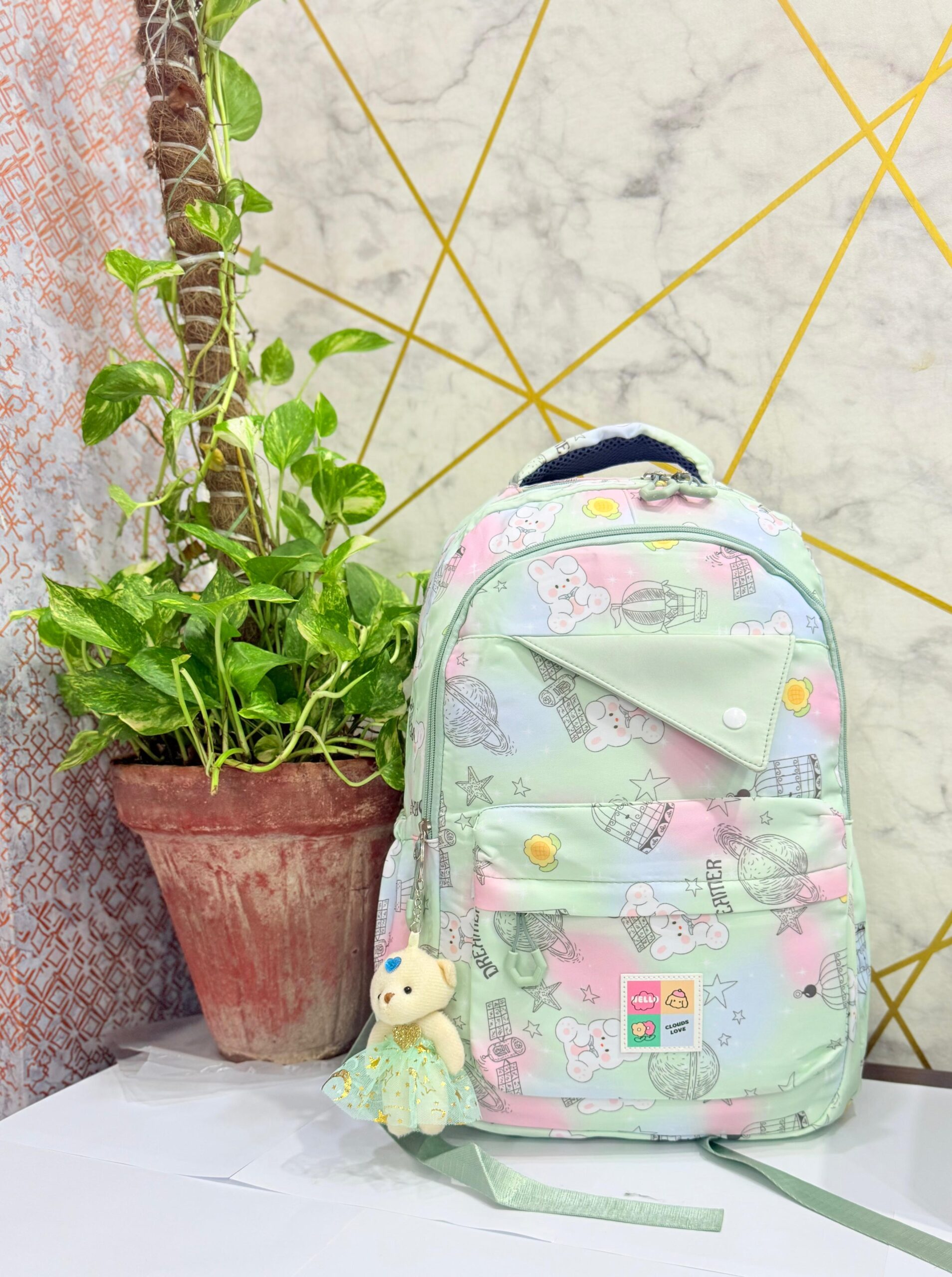 Charming Pastel Printed Backpacks for Girls with Adorable Teddy Bear Charms - Image 6