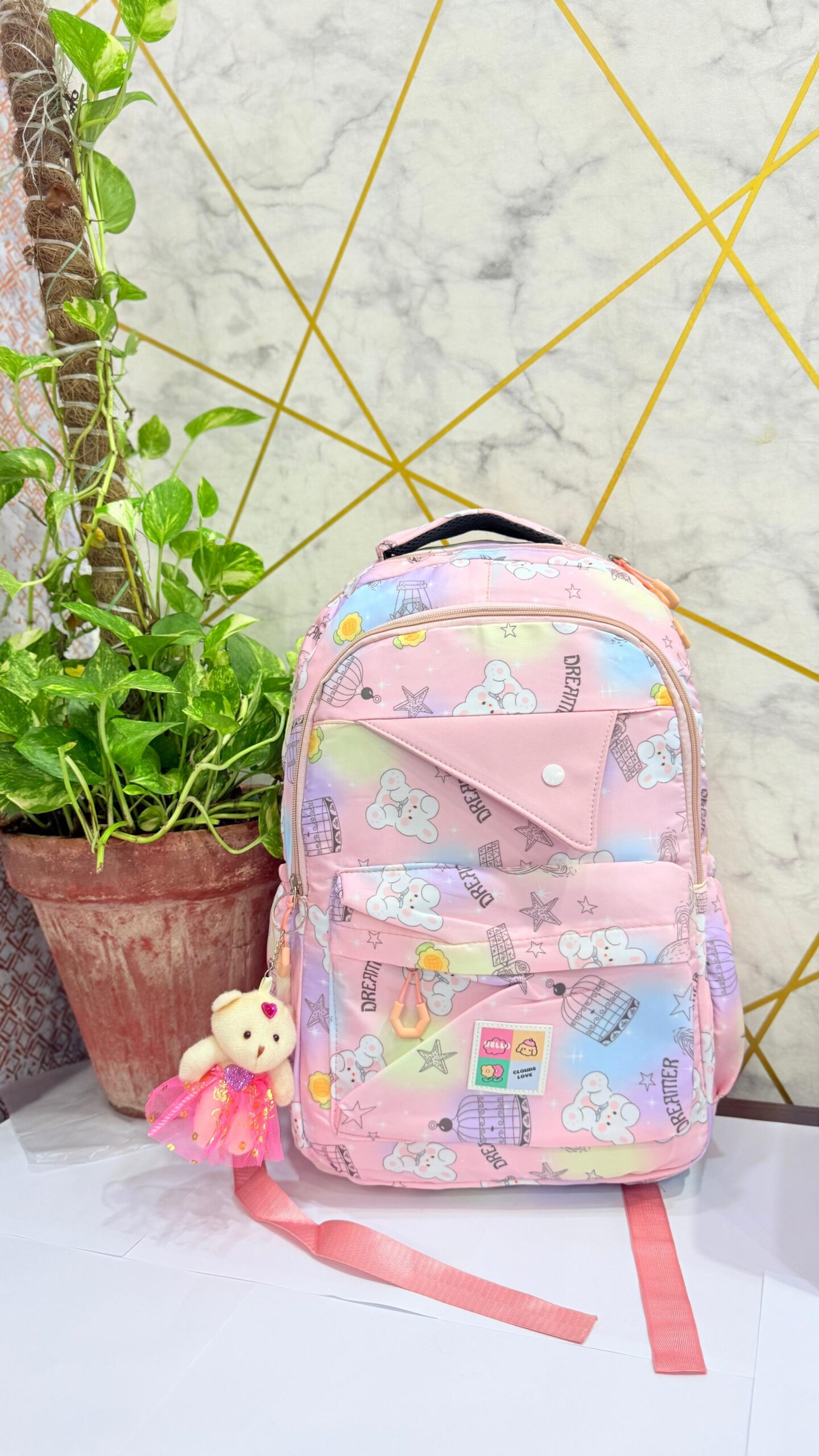 Charming Pastel Printed Backpacks for Girls with Adorable Teddy Bear Charms - Image 5