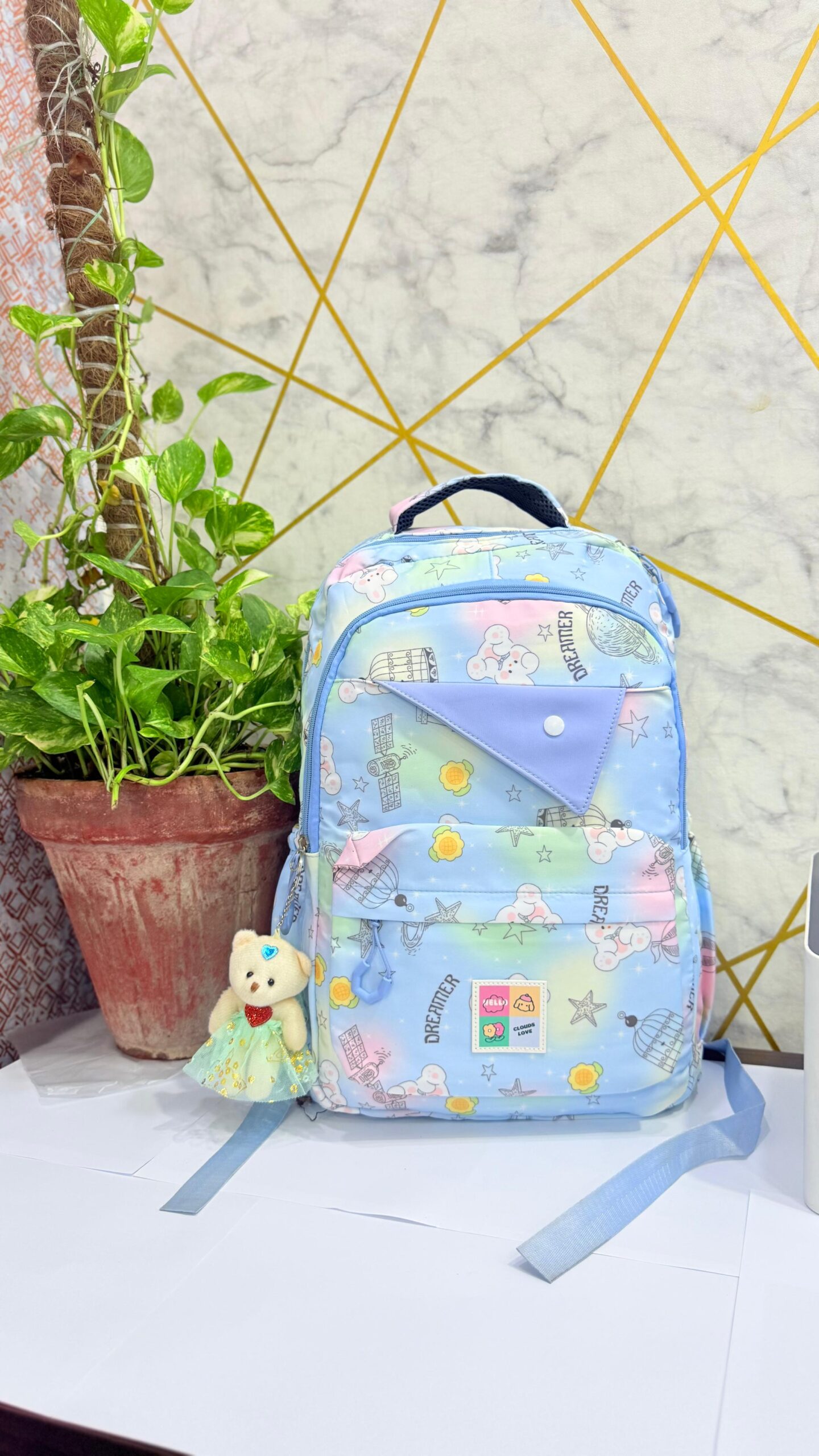 Charming Pastel Printed Backpacks for Girls with Adorable Teddy Bear Charms - Image 4