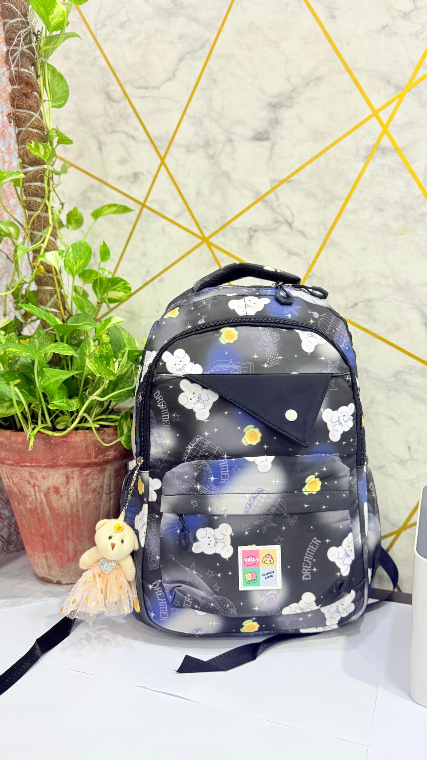 Charming Pastel Printed Backpacks for Girls with Adorable Teddy Bear Charms - Image 2