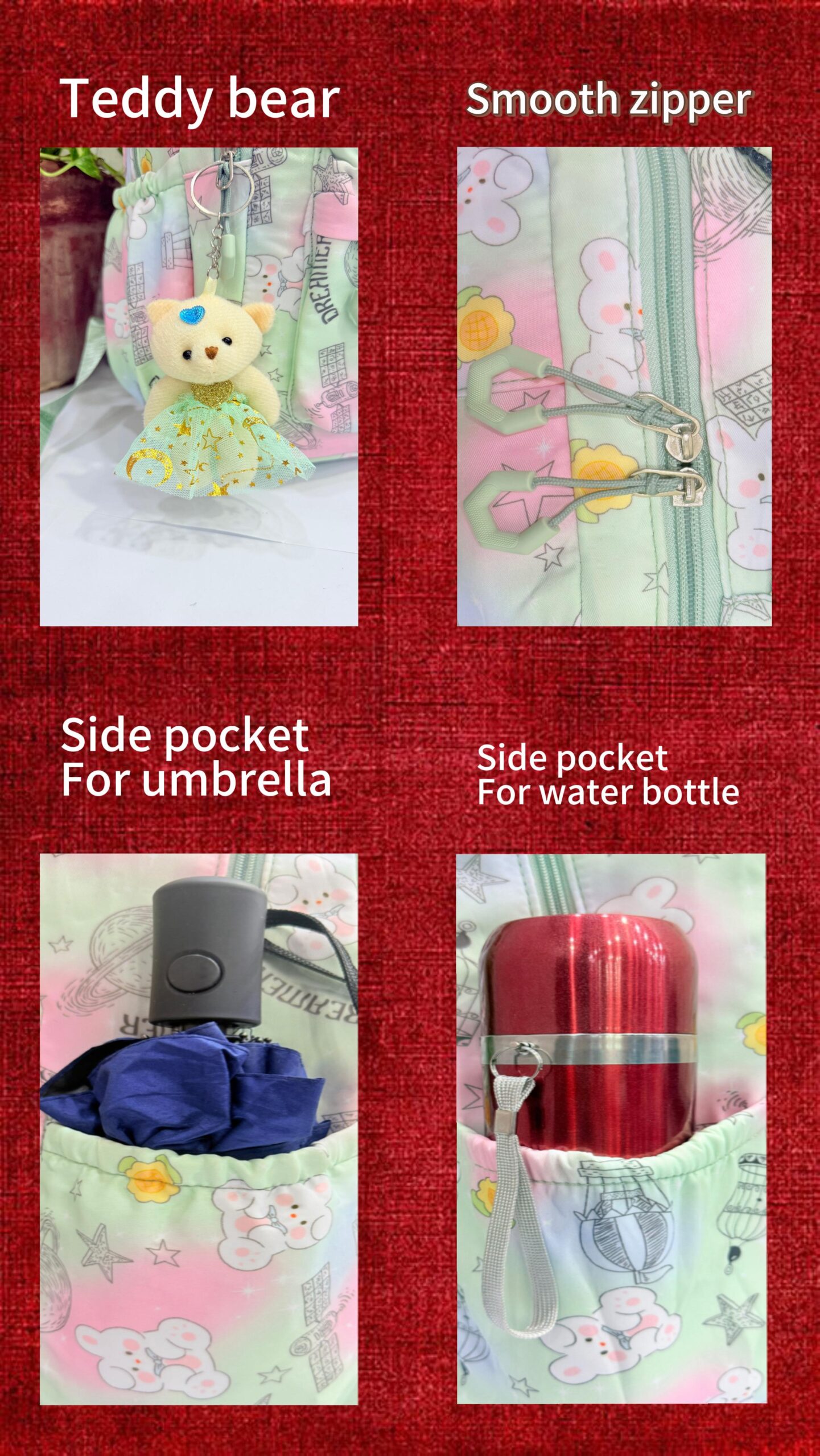 Charming Pastel Printed Backpacks for Girls with Adorable Teddy Bear Charms - Image 9